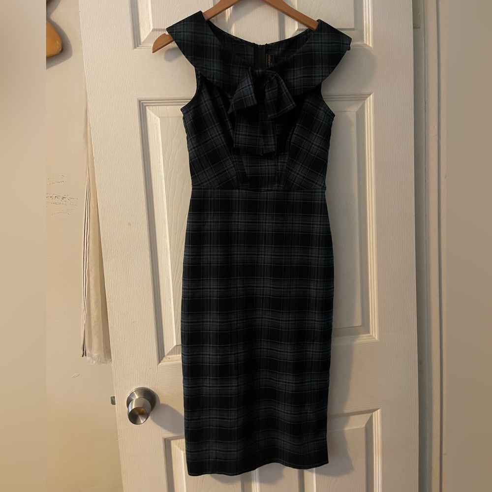Stop Staring Size Small Black Plaid Blue/black Bow-Accent Sheath Dress - Picture 4 of 5
